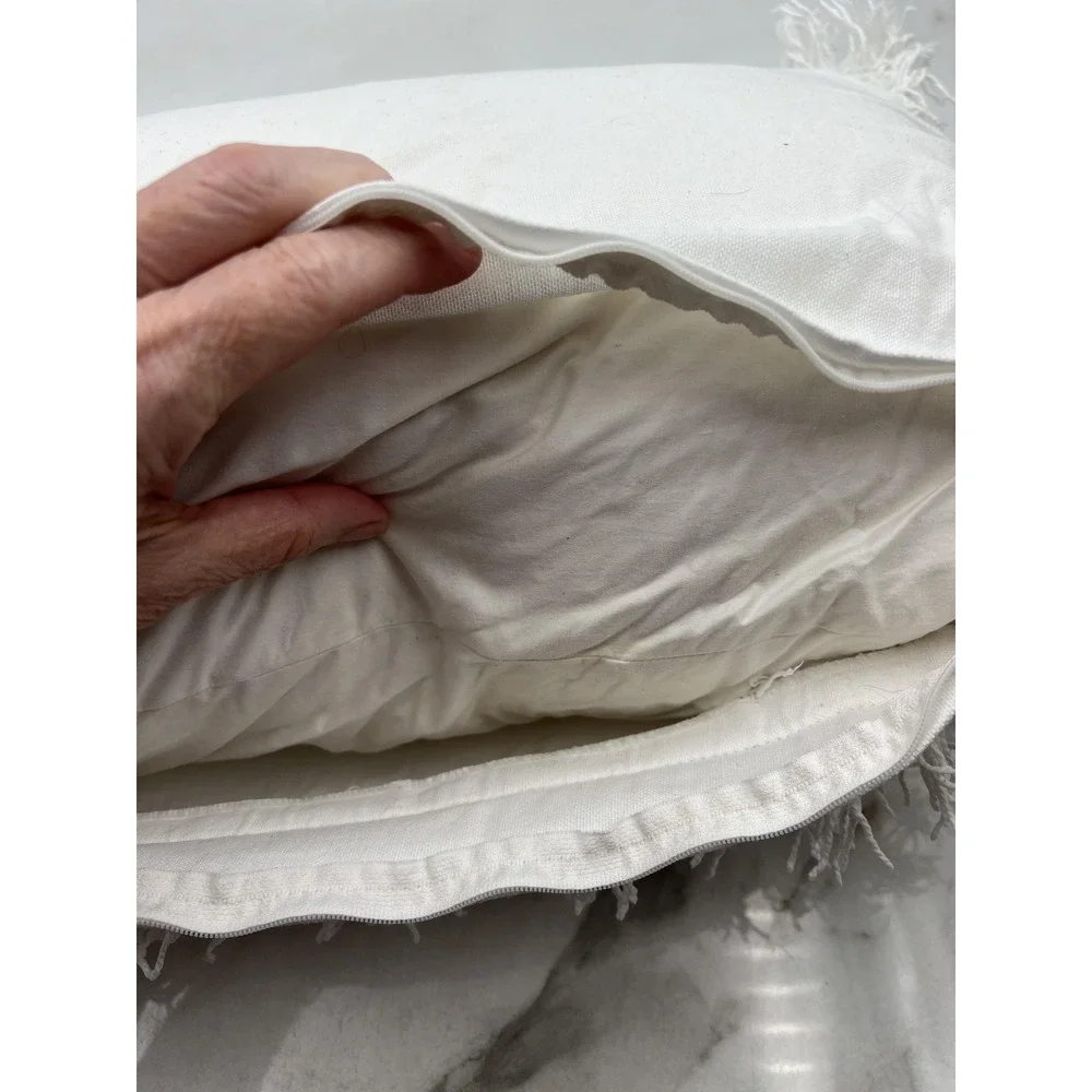 DKNY Throw Pillow White Cotton Textured Lumbar Decorative Fringe Trim 12x22